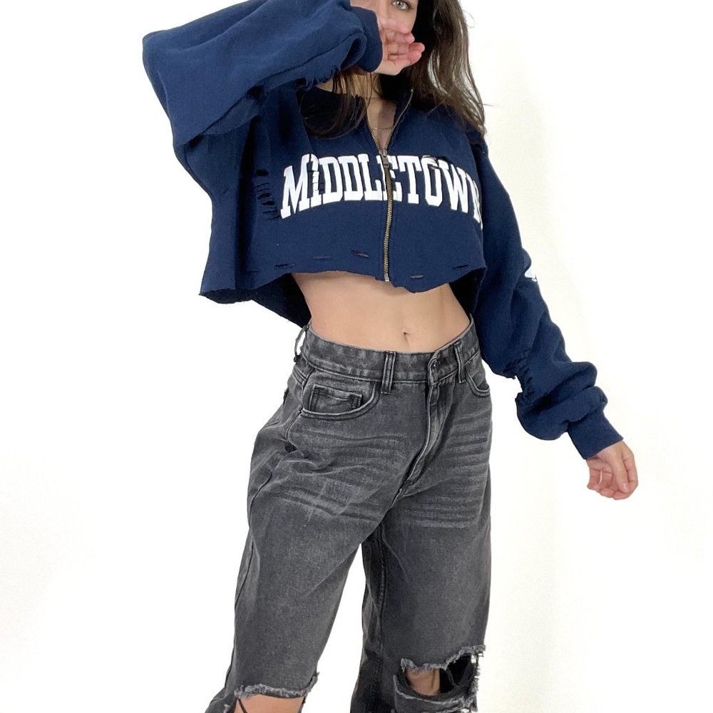 FURST OF KIND (LF) BLUE DISTRESSED ZIP-UP CROPPED SWEATER